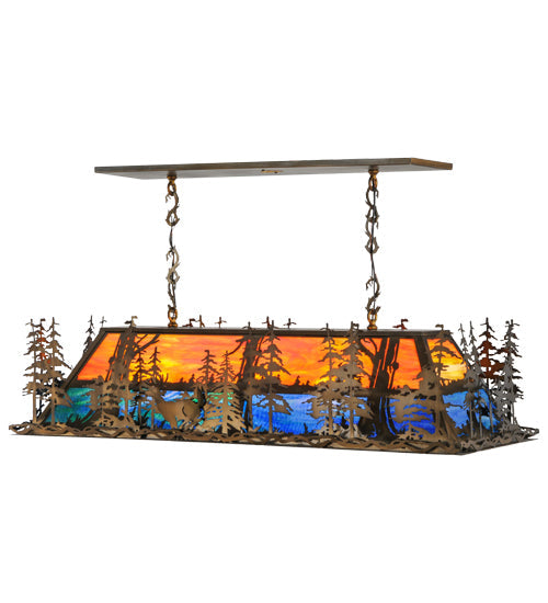 Meyda Lighting Deer Through the Trees 50" 9-Light Antique Copper Island Pendant Light With Multi-Colored Shade Glass