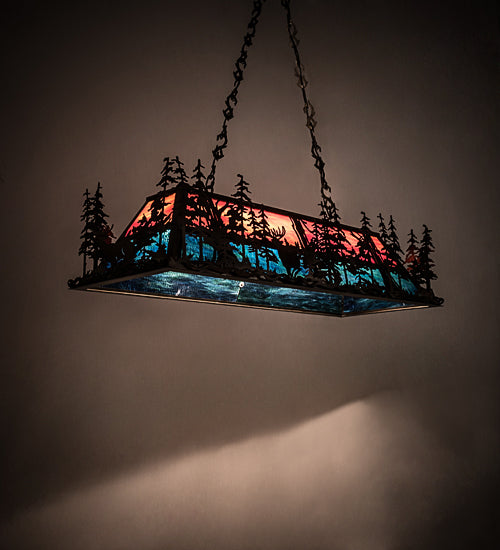 Meyda Lighting Deer Through the Trees 50" 9-Light Antique Copper Island Pendant Light With Pink & Blue Shade Glass