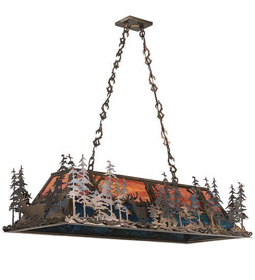 Meyda Lighting Deer Through the Trees 50" 9-Light Antique Copper Island Pendant Light With Pink & Blue Shade Glass