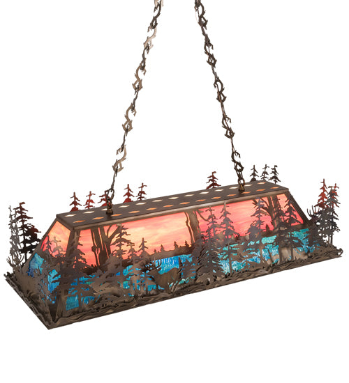 Meyda Lighting Deer Through the Trees 50" 9-Light Antique Copper Island Pendant Light With Pink & Blue Shade Glass
