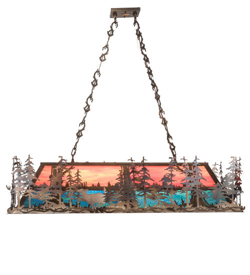 Meyda Lighting Deer Through the Trees 50" 9-Light Antique Copper Island Pendant Light With Pink & Blue Shade Glass