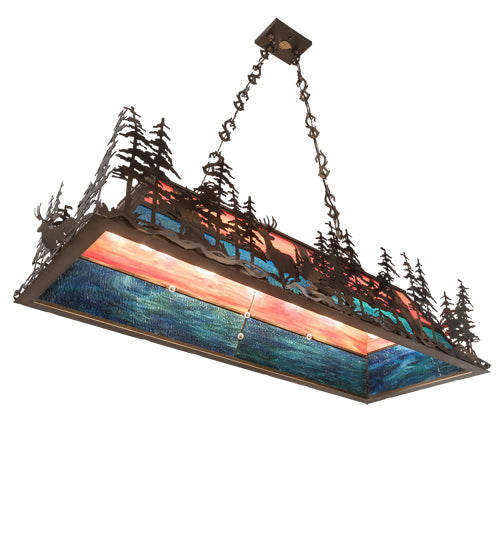 Meyda Lighting Deer Through the Trees 50" 9-Light Antique Copper Island Pendant Light With Pink & Blue Shade Glass