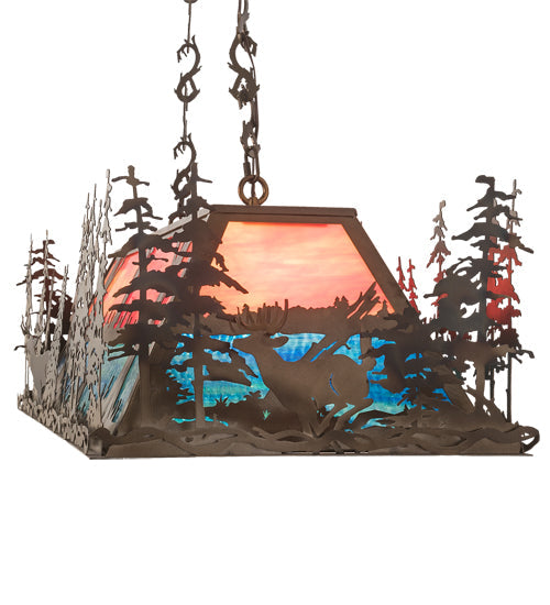 Meyda Lighting Deer Through the Trees 50" 9-Light Antique Copper Island Pendant Light With Pink & Blue Shade Glass