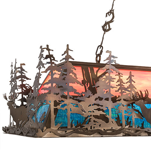 Meyda Lighting Deer Through the Trees 50" 9-Light Antique Copper Island Pendant Light With Pink & Blue Shade Glass