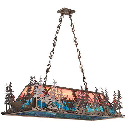 Meyda Lighting Deer Through the Trees 50" 9-Light Antique Copper Island Pendant Light With Pink & Blue Shade Glass