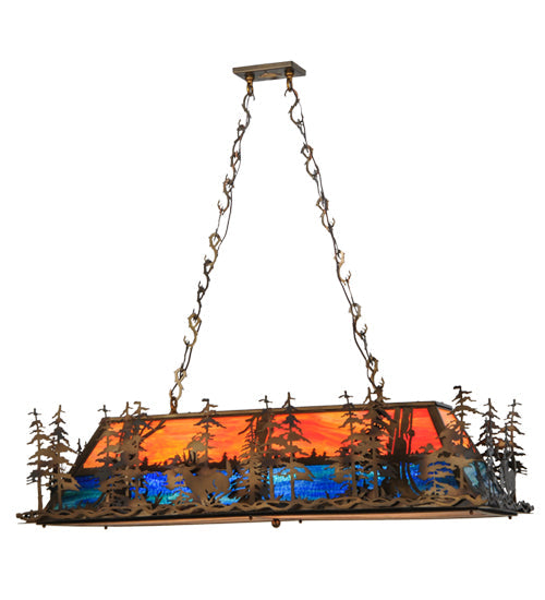 Meyda Lighting Deer Through the Trees 52" 6-Light Antique Copper Island Pendant Light With Multi-Colored Shade Glass