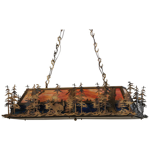 Meyda Lighting Deer Through the Trees 52" 6-Light Antique Copper Island Pendant Light With Multi-Colored Shade Glass