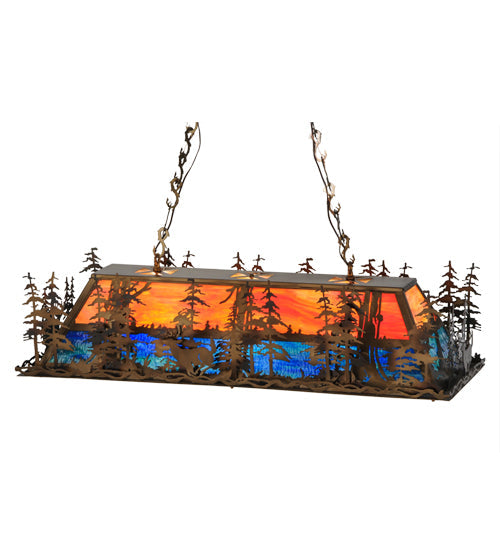 Meyda Lighting Deer Through the Trees 52" 6-Light Antique Copper Island Pendant Light With Multi-Colored Shade Glass