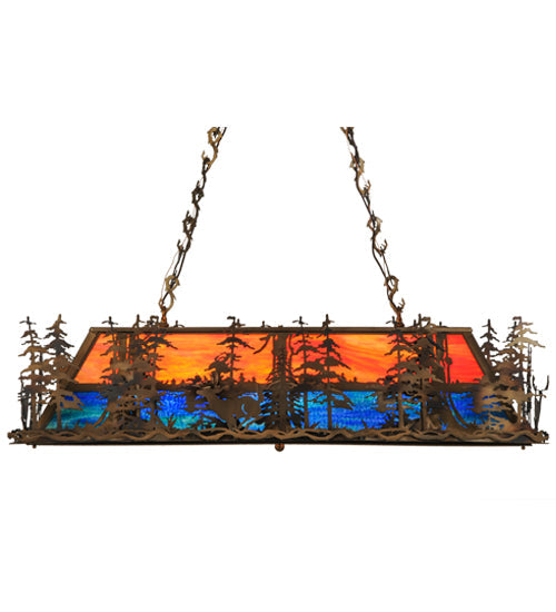 Meyda Lighting Deer Through the Trees 52" 6-Light Antique Copper Island Pendant Light With Multi-Colored Shade Glass