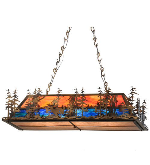 Meyda Lighting Deer Through the Trees 52" 6-Light Antique Copper Island Pendant Light With Multi-Colored Shade Glass