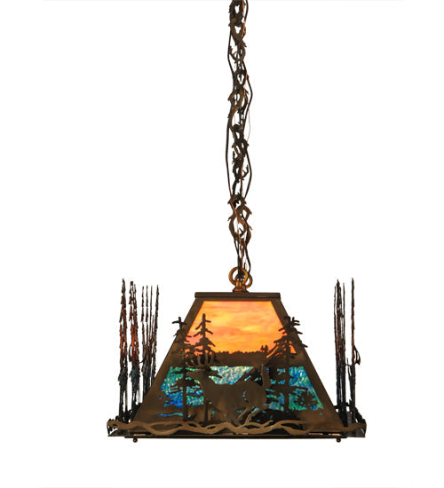 Meyda Lighting Deer Through the Trees 52" 6-Light Antique Copper Island Pendant Light With Multi-Colored Shade Glass