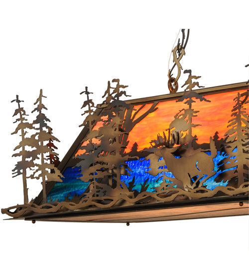 Meyda Lighting Deer Through the Trees 52" 6-Light Antique Copper Island Pendant Light With Multi-Colored Shade Glass
