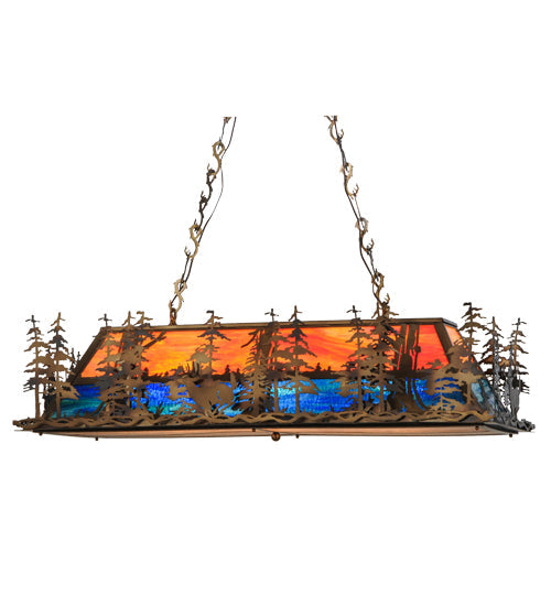Meyda Lighting Deer Through the Trees 52" 6-Light Antique Copper Island Pendant Light With Multi-Colored Shade Glass