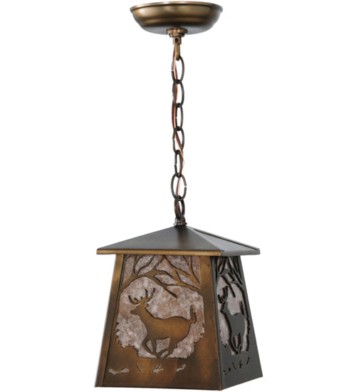 Meyda Lighting Deer at Dawn 10" Antique Copper Mini Pendant Light With Silver Mica Shade Glass
