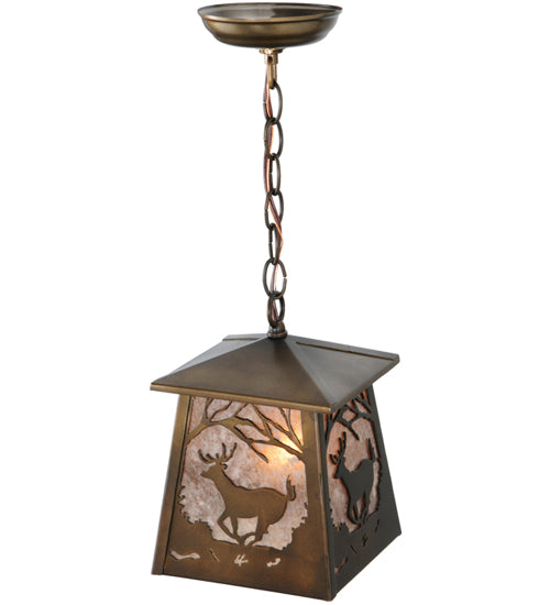 Meyda Lighting Deer at Dawn 10" Antique Copper Mini Pendant Light With Silver Mica Shade Glass