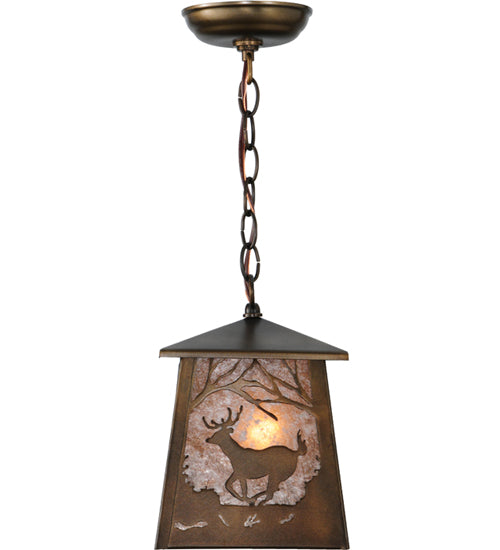Meyda Lighting Deer at Dawn 10" Antique Copper Mini Pendant Light With Silver Mica Shade Glass