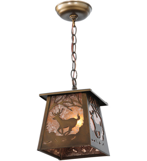 Meyda Lighting Deer at Dawn 10" Antique Copper Mini Pendant Light With Silver Mica Shade Glass
