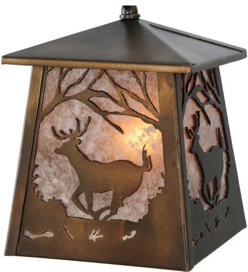 Meyda Lighting Deer at Dawn 10" Antique Copper Mini Pendant Light With Silver Mica Shade Glass