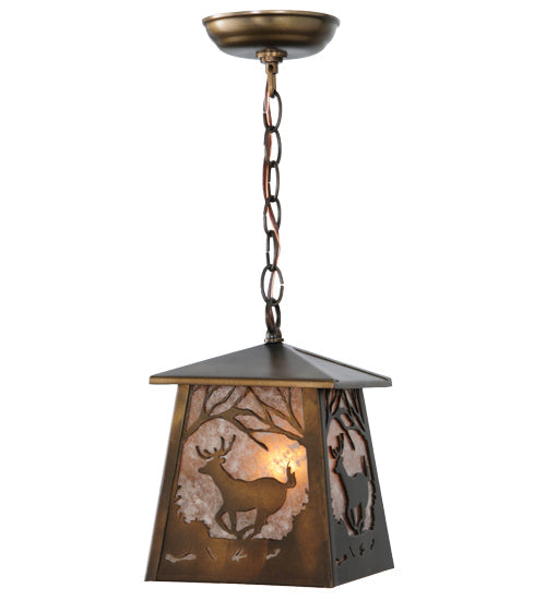 Meyda Lighting Deer at Dawn 10" Antique Copper Mini Pendant Light With Silver Mica Shade Glass