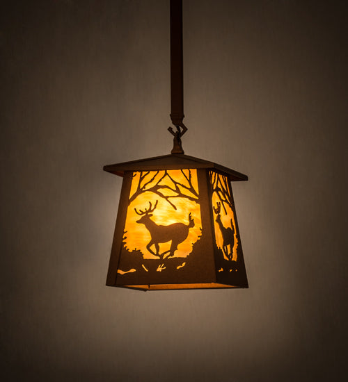 Meyda Lighting Deer at Dawn 10" Earth Pendant Light With Beige Art Shade Glass