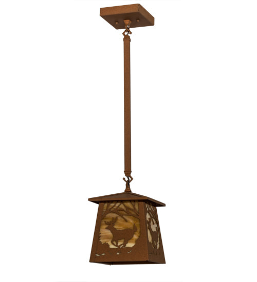 Meyda Lighting Deer at Dawn 10" Earth Pendant Light With Beige Art Shade Glass