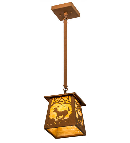 Meyda Lighting Deer at Dawn 10" Earth Pendant Light With Beige Art Shade Glass