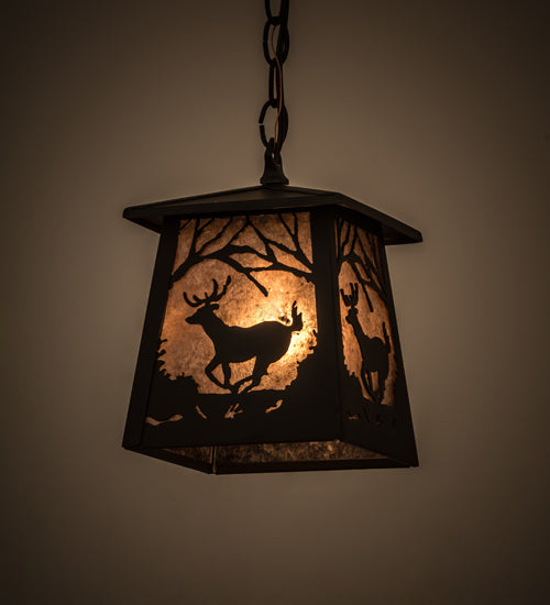 Meyda Lighting Deer at Dawn 10" Oil Rubbed Bronze Mini Pendant Light With Silver Mica Shade Glass