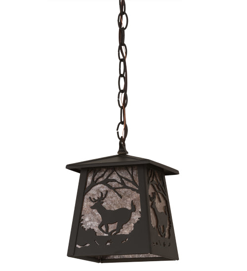 Meyda Lighting Deer at Dawn 10" Oil Rubbed Bronze Mini Pendant Light With Silver Mica Shade Glass