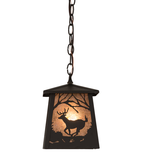 Meyda Lighting Deer at Dawn 10" Oil Rubbed Bronze Mini Pendant Light With Silver Mica Shade Glass