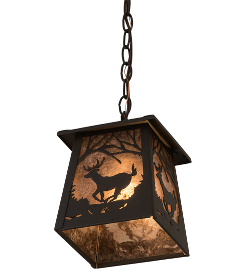 Meyda Lighting Deer at Dawn 10" Oil Rubbed Bronze Mini Pendant Light With Silver Mica Shade Glass
