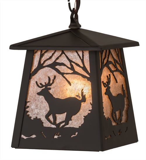Meyda Lighting Deer at Dawn 10" Oil Rubbed Bronze Mini Pendant Light With Silver Mica Shade Glass