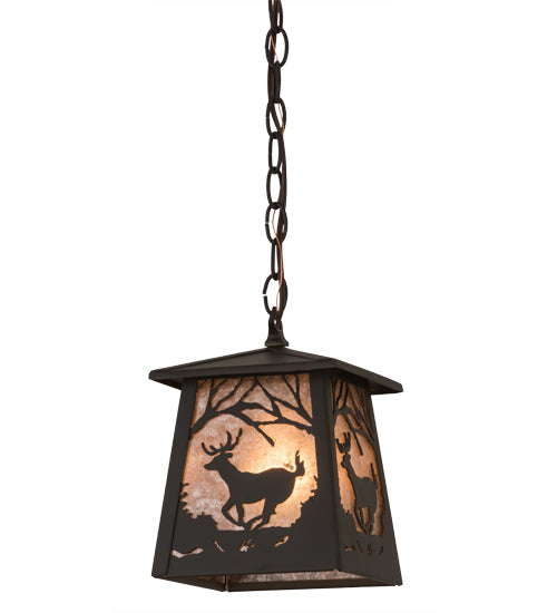 Meyda Lighting Deer at Dawn 10" Oil Rubbed Bronze Mini Pendant Light With Silver Mica Shade Glass