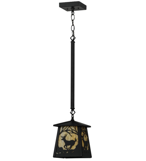 Meyda Lighting Deer at Dawn 10" Textured Black Mini Pendant Light With Beige Shade Glass
