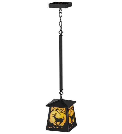 Meyda Lighting Deer at Dawn 10" Textured Black Mini Pendant Light With Beige Shade Glass
