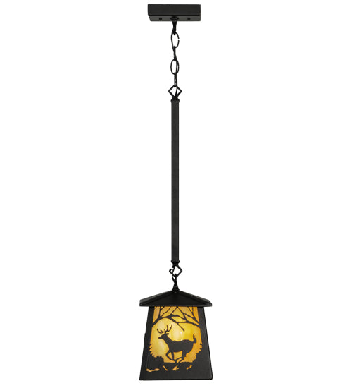 Meyda Lighting Deer at Dawn 10" Textured Black Mini Pendant Light With Beige Shade Glass