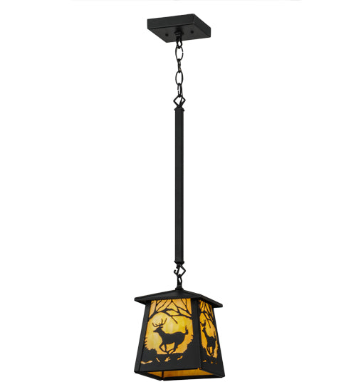 Meyda Lighting Deer at Dawn 10" Textured Black Mini Pendant Light With Beige Shade Glass