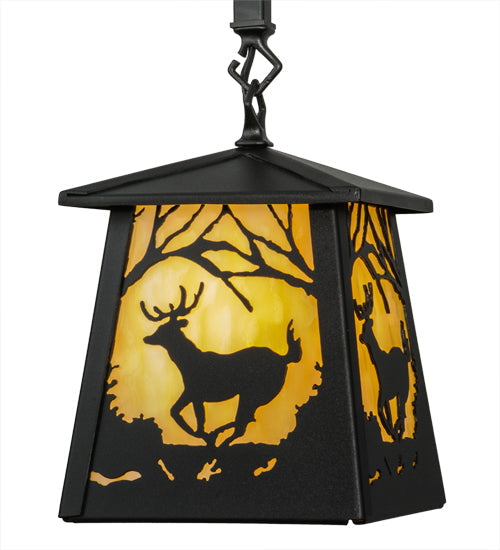 Meyda Lighting Deer at Dawn 10" Textured Black Mini Pendant Light With Beige Shade Glass