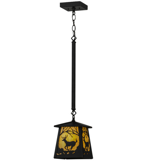 Meyda Lighting Deer at Dawn 10" Textured Black Mini Pendant Light With Beige Shade Glass