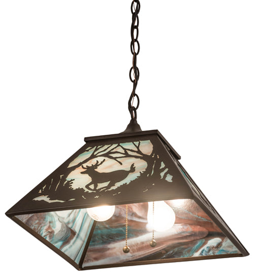 Meyda Lighting Deer at Dawn 22" 2-Light Cafe Noir Pendant Light With Sky Blue Opal Shade Glass
