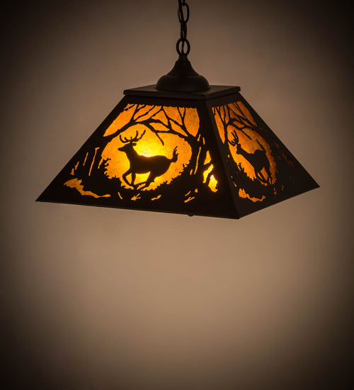 Meyda Lighting Deer at Dawn 22" 2-Light Textured Black Pendant Light With Amber Mica Shade Glass