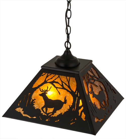 Meyda Lighting Deer at Dawn 22" 2-Light Textured Black Pendant Light With Amber Mica Shade Glass