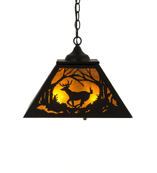 Meyda Lighting Deer at Dawn 22" 2-Light Textured Black Pendant Light With Amber Mica Shade Glass