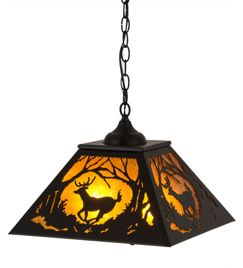 Meyda Lighting Deer at Dawn 22" 2-Light Textured Black Pendant Light With Amber Mica Shade Glass
