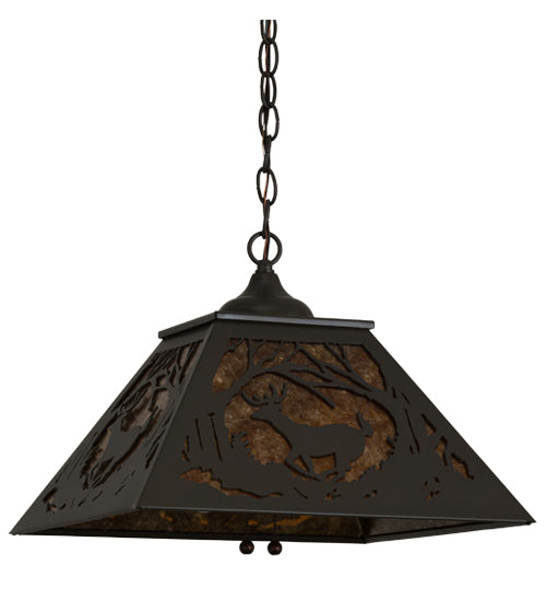Meyda Lighting Deer at Dawn 22" 2-Light Timeless Bronze Pendant Light With Amber Mica Shade Glass