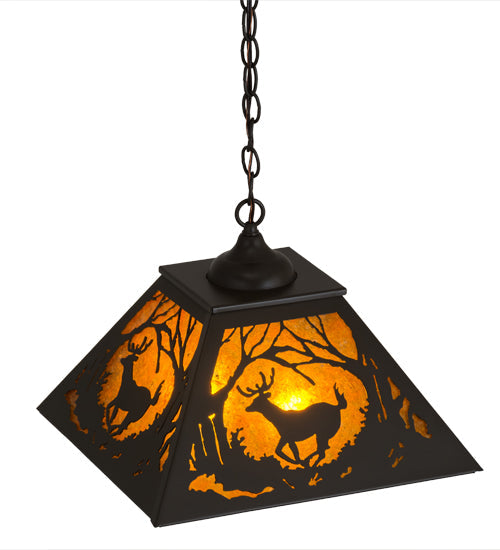 Meyda Lighting Deer at Dawn 22" 2-Light Timeless Bronze Pendant Light With Amber Mica Shade Glass