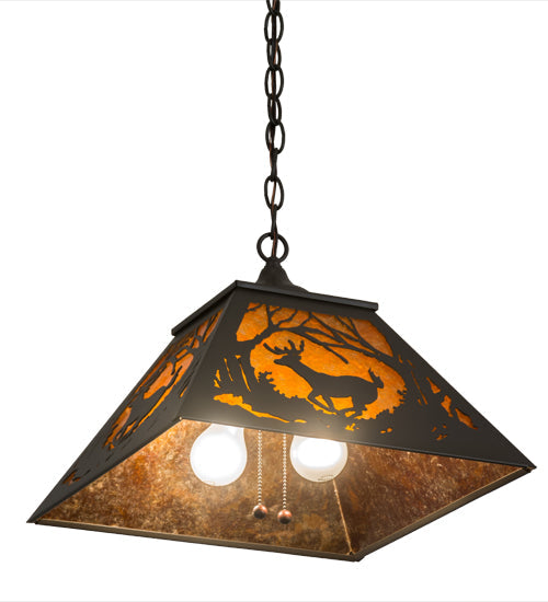 Meyda Lighting Deer at Dawn 22" 2-Light Timeless Bronze Pendant Light With Amber Mica Shade Glass