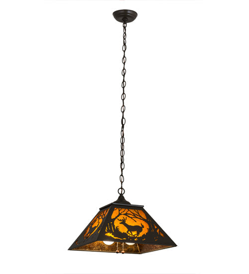 Meyda Lighting Deer at Dawn 22" 2-Light Timeless Bronze Pendant Light With Amber Mica Shade Glass