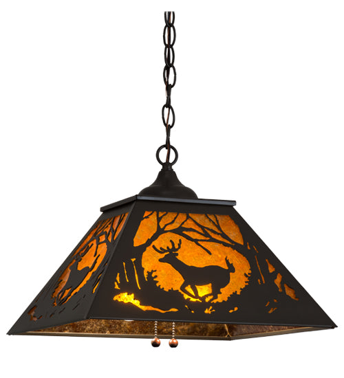 Meyda Lighting Deer at Dawn 22" 2-Light Timeless Bronze Pendant Light With Amber Mica Shade Glass