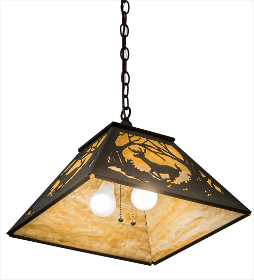 Meyda Lighting Deer at Dawn 23" 2-Light Antique Copper Pendant Light With Beige Art Shade Glass