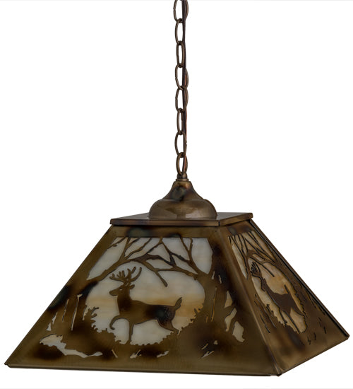 Meyda Lighting Deer at Dawn 23" 3-Light Burnished Brass Tint Deer in the Woods Pendant Light With Beige Shade Glass